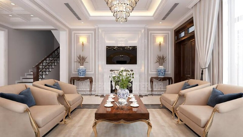 Sắp xếp nội thất phòng khách tân cổ điển đẹp, sang trọng tại Palm Garden. Thiết kế nội thất phòng khách