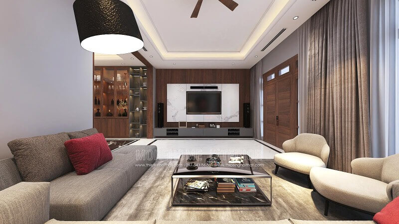 Thiết kế tường phòng khách đẹp với điểm nhấn từ đá trắng vân mây kết hợp cùng gỗ ốp tường cao cấp. Thiết kế nội thất phòng khách
