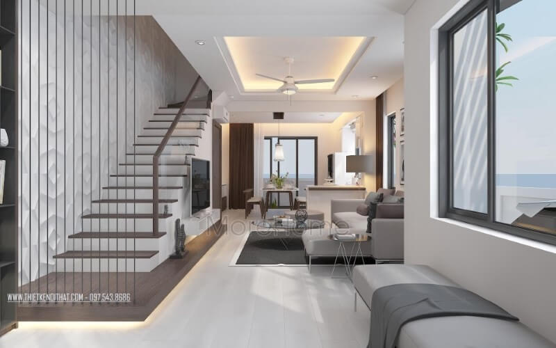 Trang trí nội thất phòng khách liền phòng bếp ăn đẹp cùng cầu thang dây cáp tạo nét hiện đại, độc đáo cho biệt thự, nhà phố. Thiết kế nội thất phòng khách