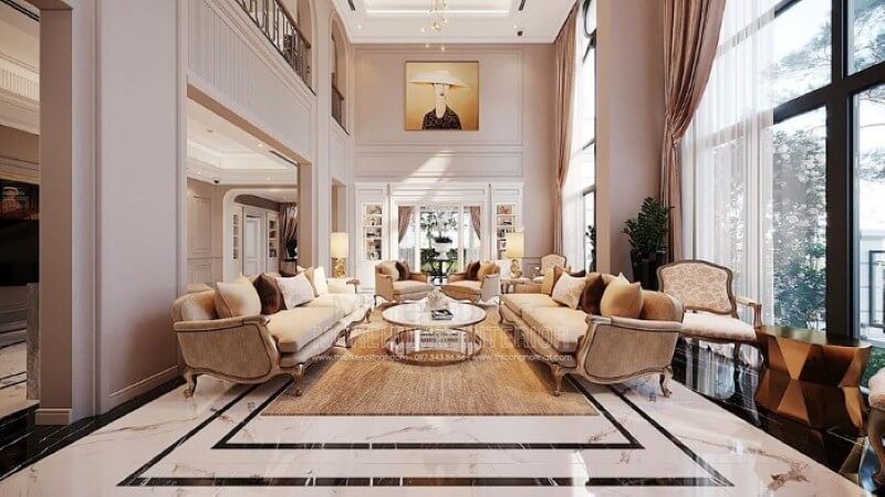 Bố trí nội thất phòng khách thông tầng biệt thự tân cổ điển cao cấp tại Vinhomes Imperia Hải Phòng. Sự lôi cuốn kỳ diệu từ các mẫu thiết kế phòng khách đa phong cách