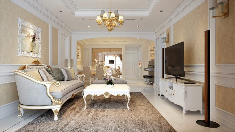 Mang đậm phong cách thiết kế tân cổ điển, sự tinh tế trong mỗi chi tiết trang trí tối giản tạo nên nội thất phòng khách chung cư sang trọng, tinh tế mà không kém phần nổi bật Khám phá các mẫu trang trí phòng khách cao cấp