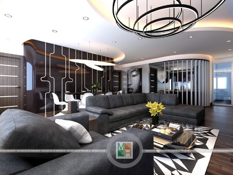 Mẫu thiết kế nội thất phòng khách chung cư đẹp với đồ nội thất sang trọng: sofa da cao cấp, đèn trang trí, gỗ ốp sàn ,.. mang đến không gian sống đẳng cấp cho gia chủ Khám phá các mẫu trang trí phòng khách cao cấp