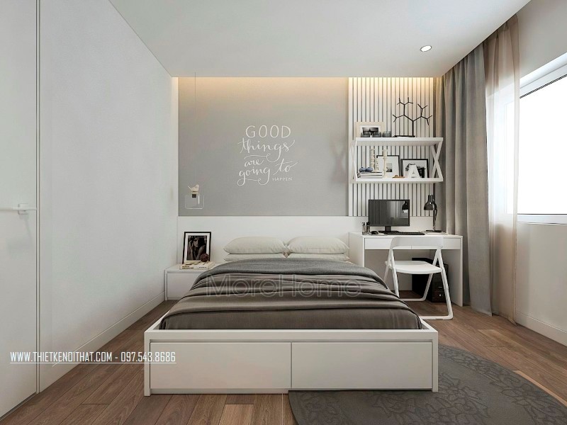 Phía đầu giường được thiết kế tạo điểm nhấn cho không gian phòng ngủ với giấy dán tường hàn quốc màu xám có dán chữ màu trắng.