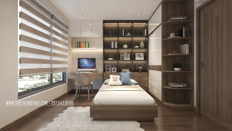 Thiết kế phòng ngủ khách khá tinh tế với chiếc giường đơn gỗ công nghiệp kết hợp với hệ tủ trang trí đầu giường tạo sự gần gũi và hiện đại cho khách.