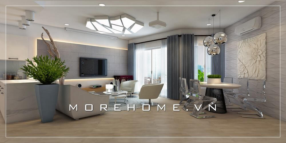 Trang trí nội thất phòng khách liền phòng ăn phong cách hiện đại sử dụng tone màu trắng tạo cảm giác tươi mới và thoáng mát cho ngôi nhà Thiết kế phòng khách