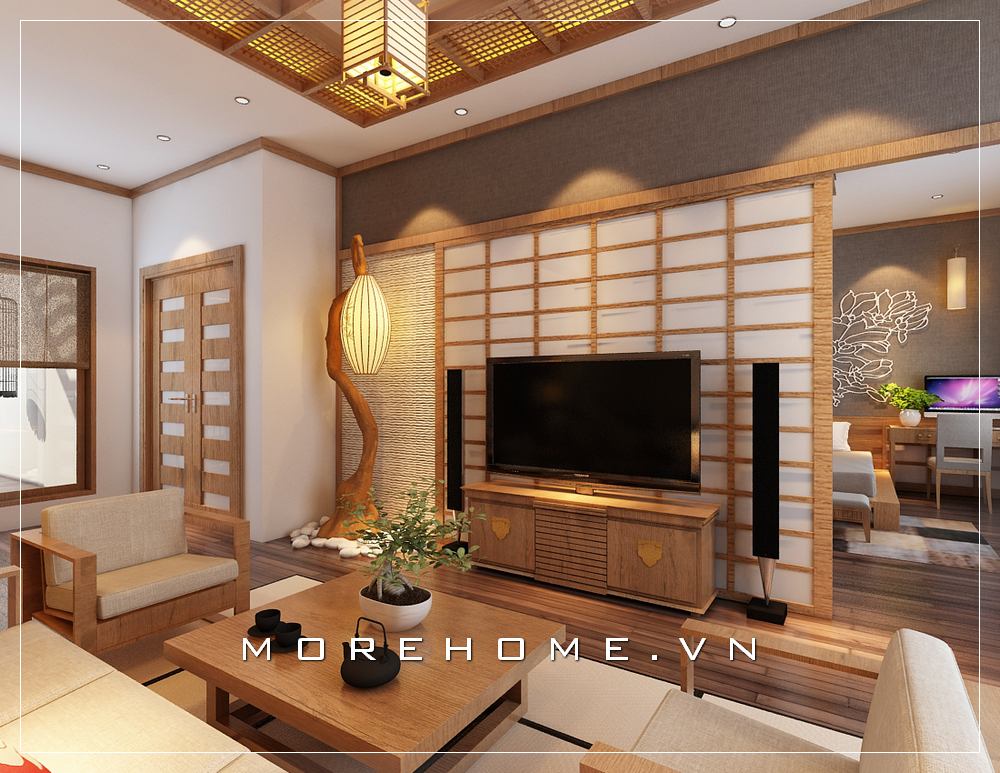 Bố trí nội thất phòng khách chung cư đẹp, sang trọng với phong cách thiết kế Nhật Bản sử dụng chất liệu gỗ chủ đạo. Thiết kế chung cư