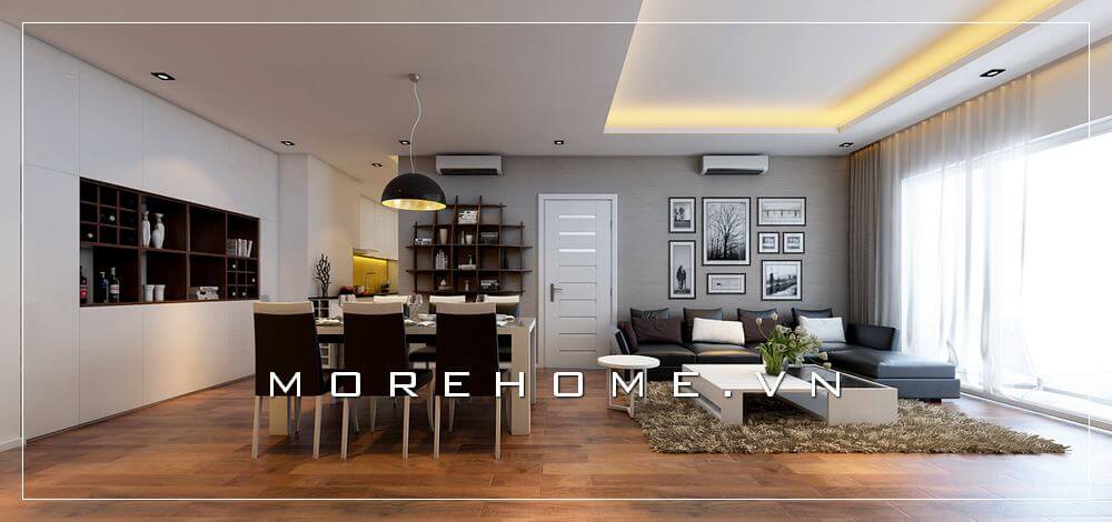 Cách trang trí phòng khách liền phòng ăn với tranh treo tường, kệ trang trí đã tạo nên điểm nhấn ấn tượng cho toàn bộ không gian đặc biệt với loại hình nhà như căn hộ chung cư. Thiết kế chung cư