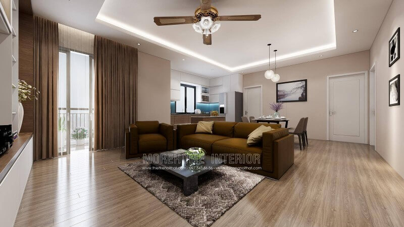 Không gian phòng khách không quá cầu kỳ với bộ sofa vải màu nâu đậm, mang đến sự mới lạ cho không gian Tập hợp các mẫu thiết kế phòng khách sang trọng