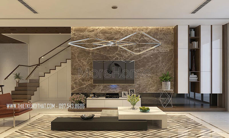 Thiết kế nội thất phòng khách hiện đại kết hợp giữa màu trắng và mảng trường màu tối bằng đá tự nhiên cao cấp tạo sự hài hòa, sang trọng Tập hợp các mẫu thiết kế phòng khách sang trọng
