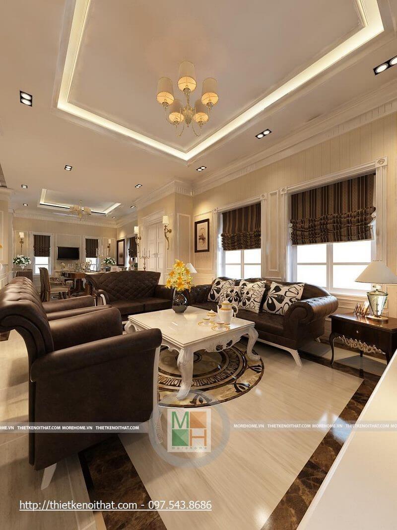 Mẫu sofa tân cổ điển bọc da màu nâu trầm tạo điểm nhấn cho thiết kế phòng khách sang trọng Tập hợp các mẫu thiết kế phòng khách sang trọng