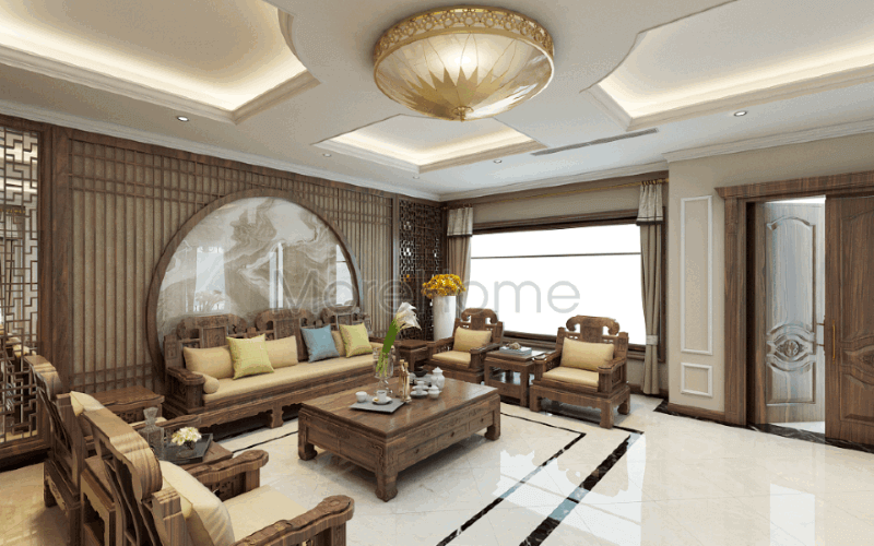 Bộ bàn ghế gỗ óc chó cao cấp cùng đường nét tuyệt đẹp tạo nên không gian đẳng cấp cho phòng khách biệt thự Riverside Nguyễn Duy Trinh Quận 2, Tp. HCM. Thiết kế phòng khách tân cổ điển
