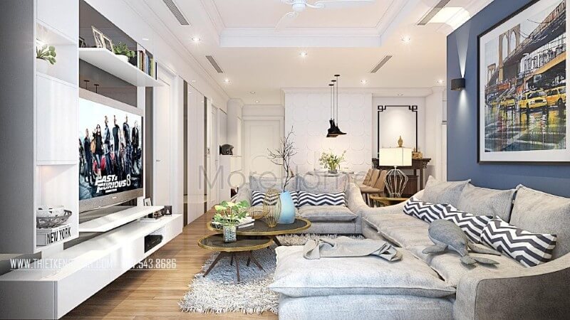 Nội thất phòng khách hiện đại ấn tượng với tone màu ghi xám chủ đạo tạo nên một nét đẹp tinh tế, trẻ trung trong mẫu thiết kế chung cư đẳng cấp này Thiết kế nội thất phòng khách