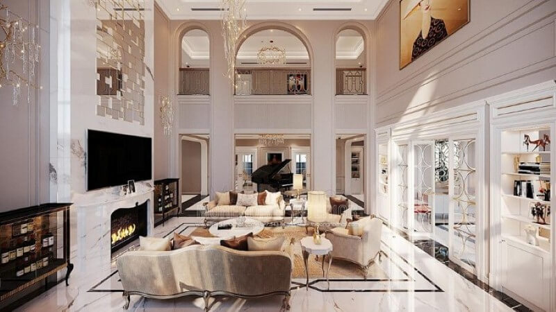 Bố trí nội thất biệt thự Vinhomes Imperia Hải Phòng ấn tượng với phòng khách thông tầng đẹp, sang trọng. Thiết kế nội thất phòng khách