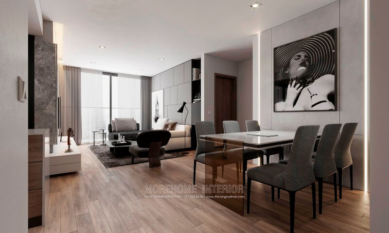 Nội thất chung cư hiện đại được thiết kế đơn giản tông màu xám, tường sử dụng màu xám trắng kết hợp vật liệu gỗ tạo không gian sang trọng, thoáng đãng và tiện nghi hơn Thiết kế nội thất phòng khách