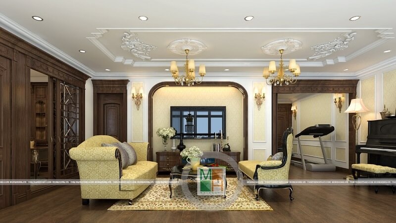 Thiết kế nội thất phòng khách chung cư Mandarin cao cấp với phong cách tân cổ điển cùng đồ nội thất gỗ tự nhiên cao cấp. Gợi ý các mẫu bố trí phòng khách sang trọng và đẳng cấp