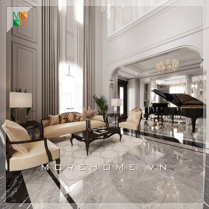 Một cây đàn piano được đặt tại không gian phòng khách có cùng tone màu bộ bàn ghế sofa óc chó là điểm nhấn độc đáo, thể hiện sự tinh tế và sáng tạo của KTS tạo nên một không gian phòng khách lý tưởng. Gợi ý các mẫu bố trí phòng khách sang trọng và đẳng cấp