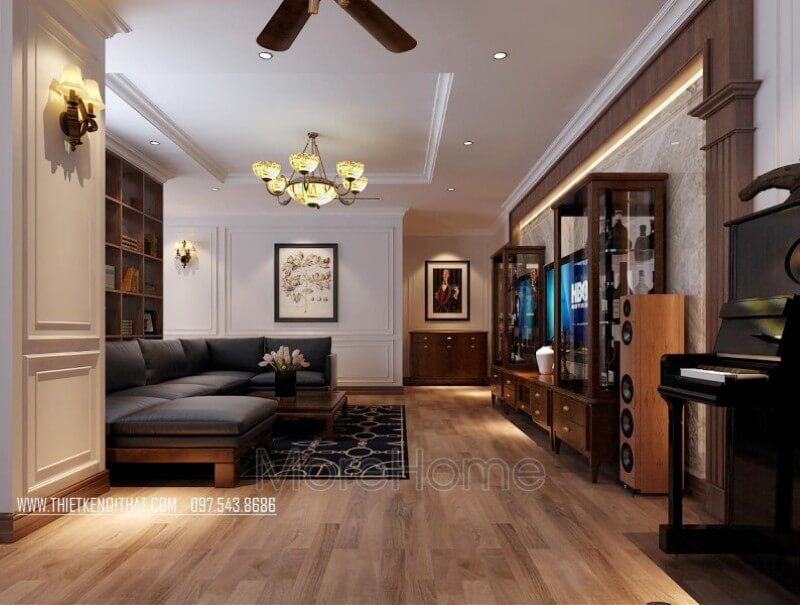 Thiết kế nội thất phòng khách chung cư đẹp với chất liệu gỗ óc chó tự nhiên nhập khẩu cao cấp Các cách bày trí phòng khách sang trọng