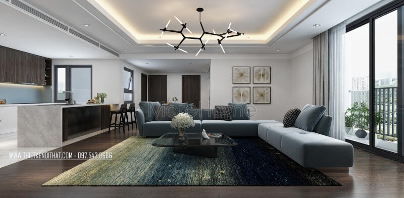 Không gian phòng khách thực sự thoáng đãng, gọn gàng với diện tích căn tương đối lớn cùng với sự bố trí đồ nội thất hài hòa của KTS Thiết kế phòng bếp tại Hà Nội