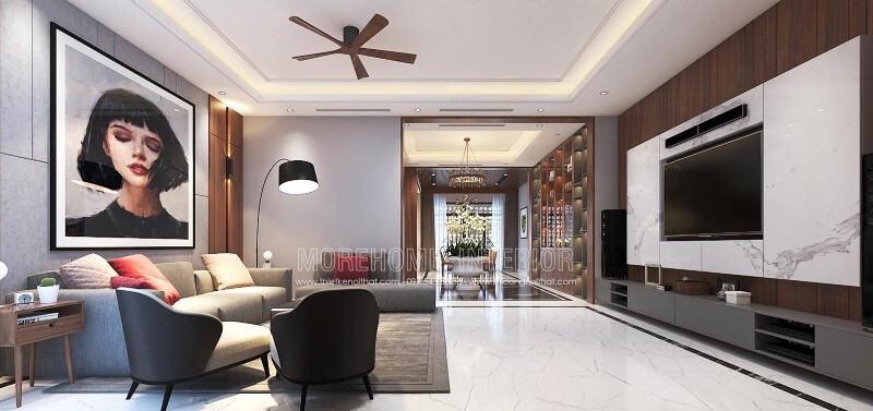 Thiết kế nội thất phòng khách ấn tượng với thiết kế mở, hiện đại tạo nên không gian thông thoáng, đẹp mắt. Thiết kế phòng bếp tại Hà Nội
