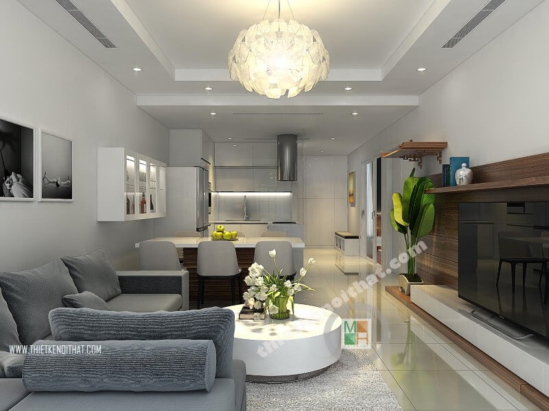 Thiết kế phòng khách chung cư hiện đại, tiên nghi với đồ nội thất nhỏ gọn và cách sắp xếp khoa học hợp lí giúp tiết kiệm diện tích căn phòng Thiết kế phòng khách tại Hà Nội