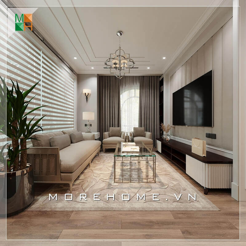 Morehome gợi ý cho bạn mẫu thiết kế nội thất phòng khách chung cư, nhà phố tiện nghi và sang trọng mang phong cách tân cổ điển. Thiết kế phòng khách tại Hà Nội