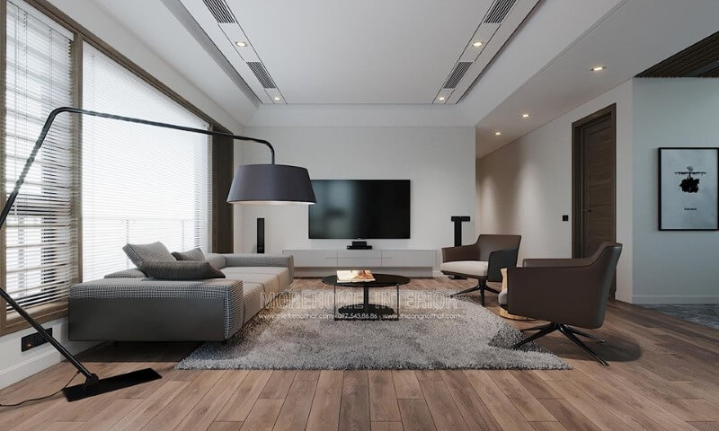 Lựa chọn tông màu trắng cho thiết kế phòng khách hiện đại trở lên thoáng rộng và hút mắt hơn Thiết kế chung cư