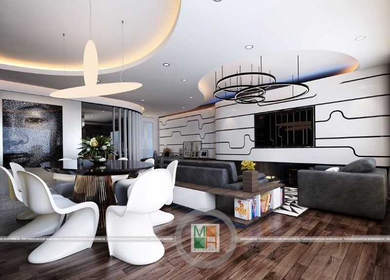 Mẫu thiết kế phòng khách chung cư đẹp sử dụng gỗ ốp sàn màu nâu sang trọng kết hợp nội thất hiện đại, độc đáo mang đến một căn phòng khách lí tưởng Thiết kế nội thất phòng khách