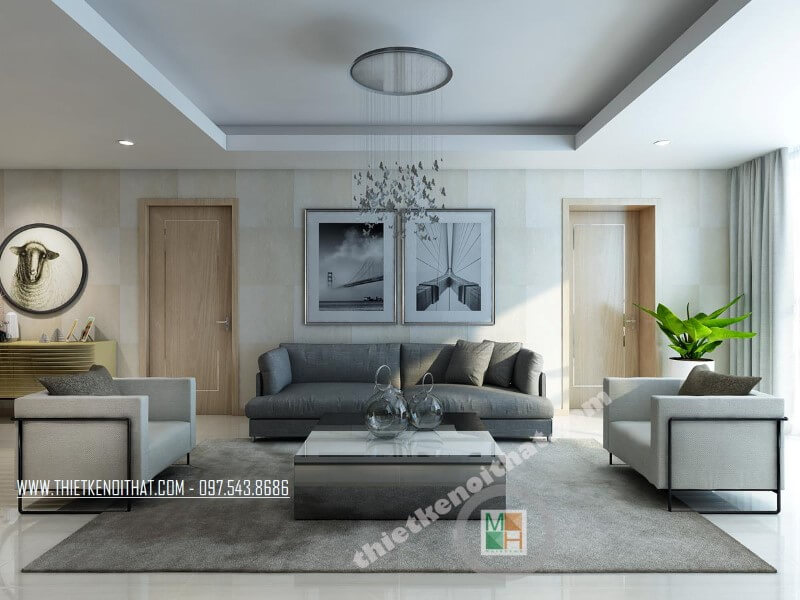 Mẫu thiết kế phòng khách chung cư sang trọng với bộ sofa bọc vài màu xám và trắng tạo điểm nhấn nổi bật cho căn phòng. Thiết kế nội thất phòng khách