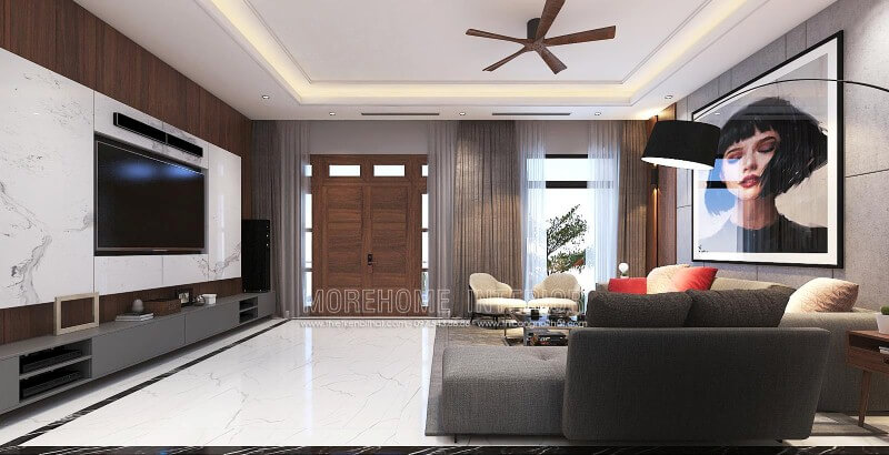 Bố trí nội thất phòng khách hiện đại đẹp, tinh tế từ đá ốp tường vân mây, tranh treo tường nghệ thuật cùng sofa hiện đại cao cấp. Thiết kế nội thất phòng khách