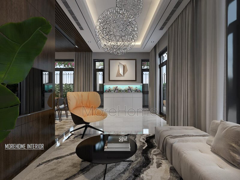 Thiết kế nội thất phòng khách hiện đại độc đáo với bể cá phong thủy. Thiết kế nội thất phòng khách