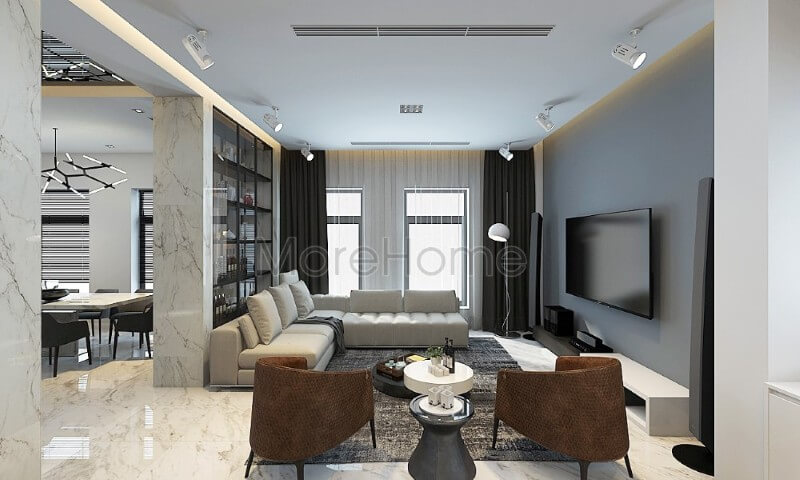 Nội thất phòng khách chung cư hiện đại lấy tone màu ghi tối và trắng làm chủ đạo, phần cửa sổ hướng ra ban công được thiết kế rộng tạo cảm giác cơi nới cho căn phòng thêm rộng hơn Thiết kế nội thất phòng khách