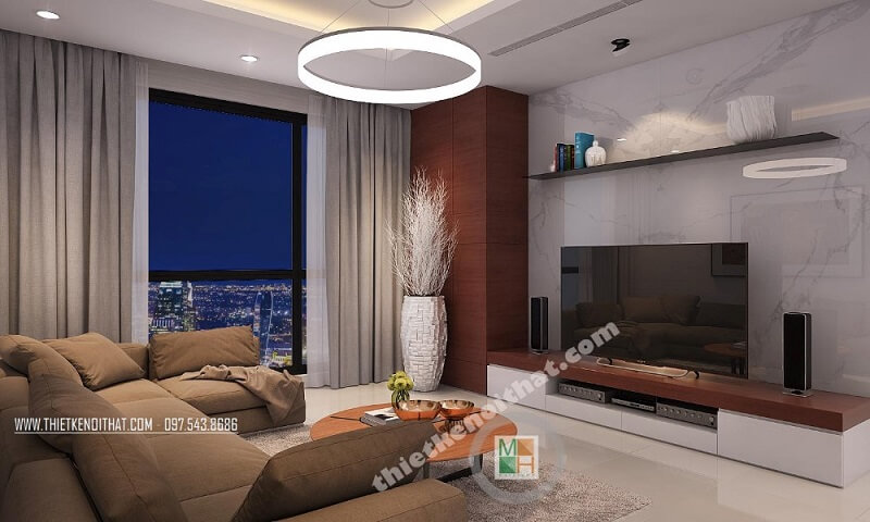Trang trí nội thất phòng khách chung cư hiện đại với bộ sofa bọc vải cao cấp kết hợp đèn trang trí ấn tượng mang đến không gian lí tưởng Tham khảo các mẫu thiết kế phòng khách sang trọng