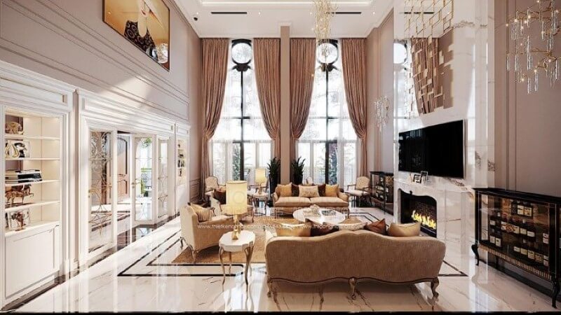 Trang trí nội thất phòng khách tân cổ điển đẹp, sang trọng tại Vinhomes Imperia Hải Phòng. Tham khảo các mẫu thiết kế phòng khách sang trọng