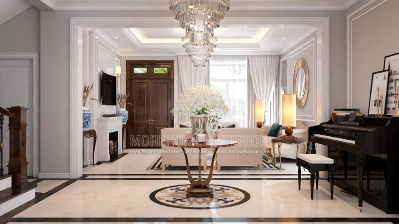 Sắp xếp nội thất phòng khách tân cổ điển có đàn piano đẹp, sang trọng tại biệt thự Palm Garden. Mĩ mãn với các mẫu thiết kế phòng khách sang trọng