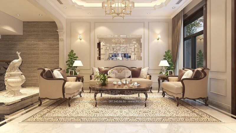 Thiết kế sofa gỗ óc chó cao cấp cho không gian biệt thự tân cổ điển. thiết kế nội thất phòng khách