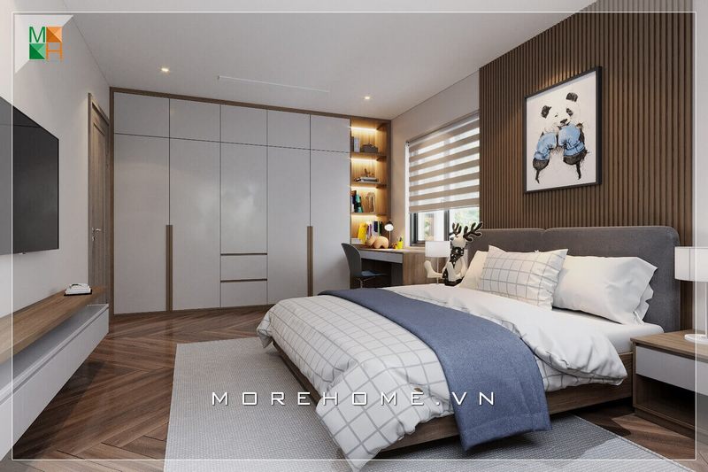 . Tủ quần áo gỗ công nghiệp Acrylic có kiểu dáng cánh mở đơn giản, kết hợp với kệ sách trang trí liền bàn làm việc, giúp căn phòng trở nên tiện nghi và hiện đại, tạo nên vẻ đẹp cao cấp.